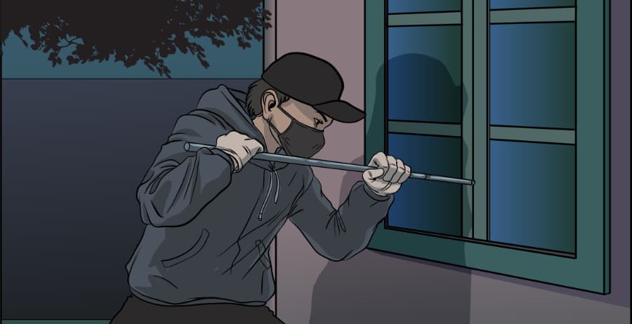 Illustration of burglar forcing entry through a window in Fresno